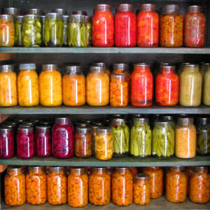 Colorful jars of canned survival food organized on shelves