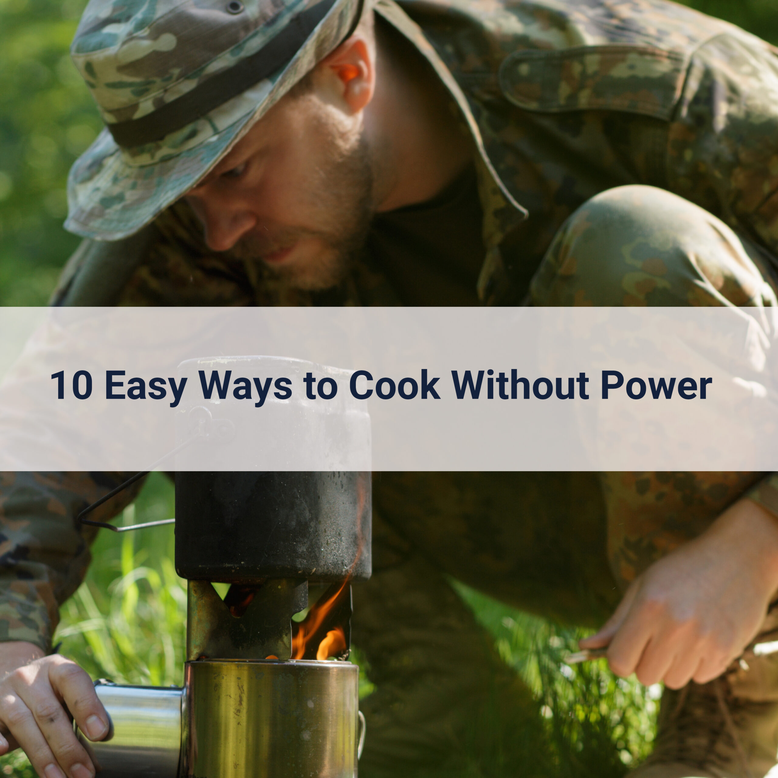 Man outside in camo leaning over portable gas stove