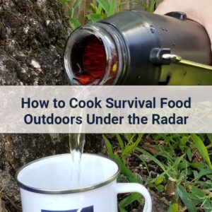 Pouring boiling water from a solar kettle into a cup to cook survival food outdoors
