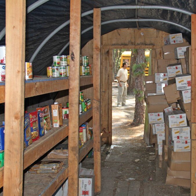 Emergency Food stockpiled in an outside shelter.