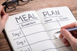 notebook open to a meal plan for survival food