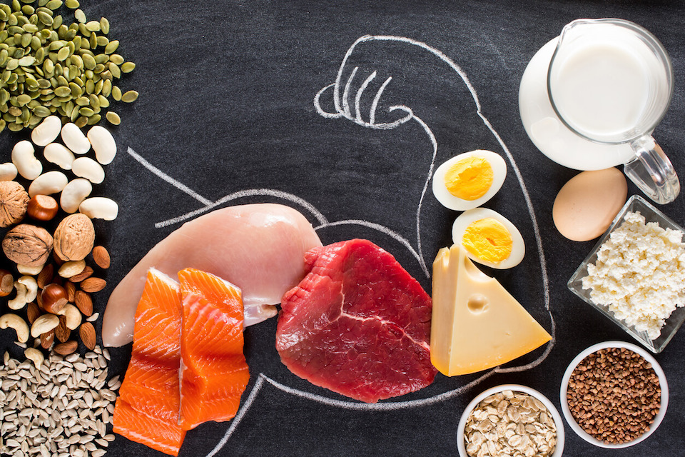 protein rich foods including salmon, chicken, beef, cheese, and eggs on a table in a chalk outline of an arm flexing with a large bicep